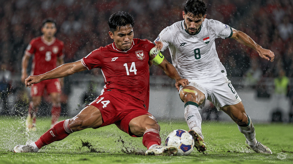 Duel perebutan bola sengit antara pemain Timnas Indonesia dan lawan di lini tengah lapangan.