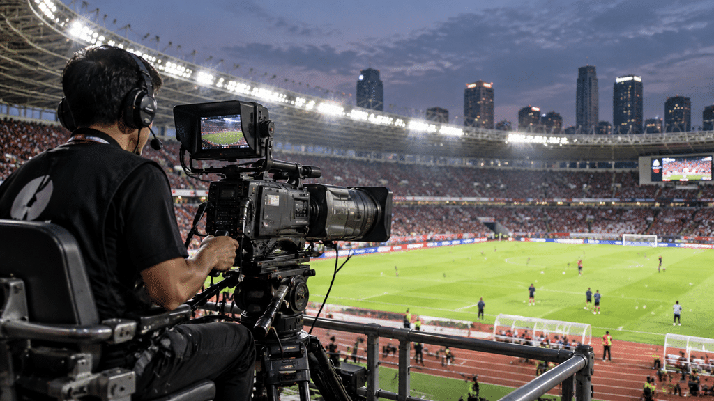 Kamera siaran langsung televisi broadcast internasional di tribun media SUGBK siap menyiarkan pertandingan.