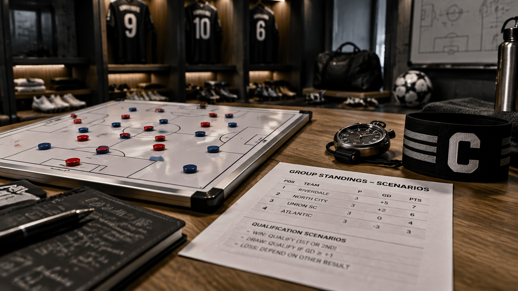 Lembar analisis klasemen Grup A dan papan taktik magnetik pelatih di ruang ganti pemain.